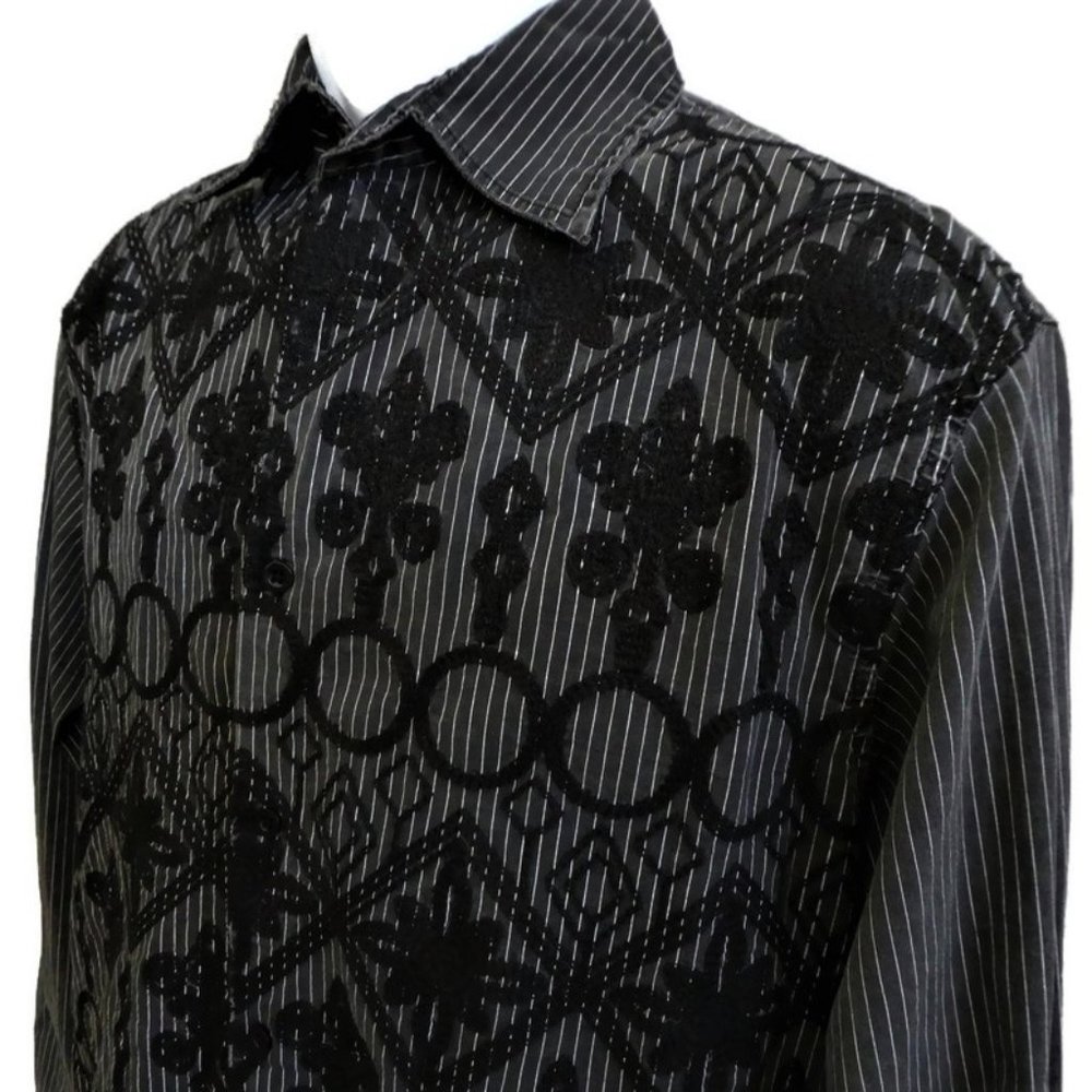Roar Shirt Black Velvet Embroidery Stripes Button Front